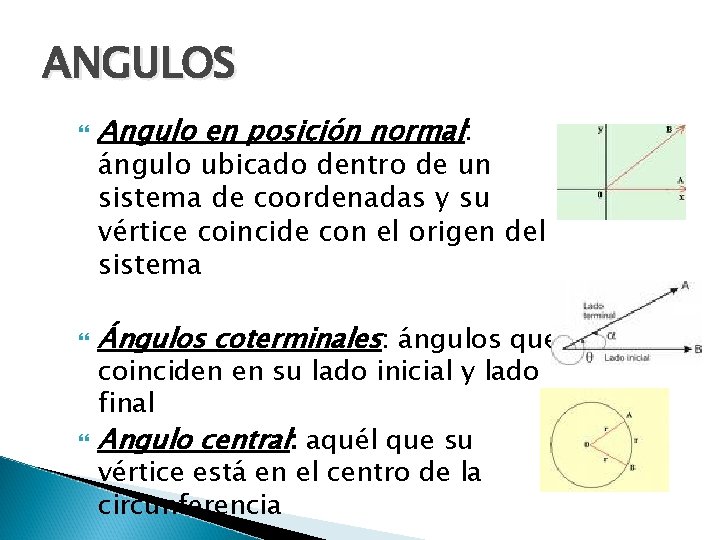 ANGULOS Angulo en posición normal: Ángulos coterminales: ángulos que ángulo ubicado dentro de un