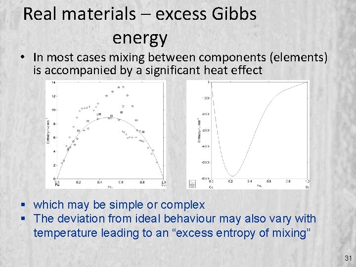 Real materials – excess Gibbs energy • In most cases mixing between components (elements)