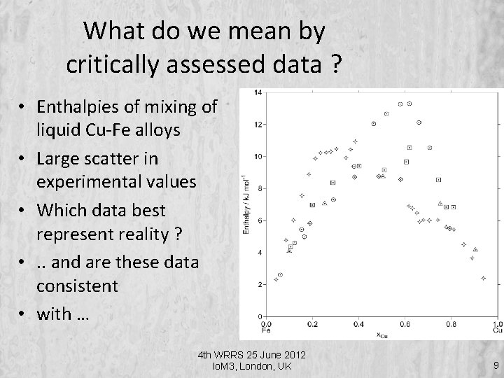 What do we mean by critically assessed data ? • Enthalpies of mixing of