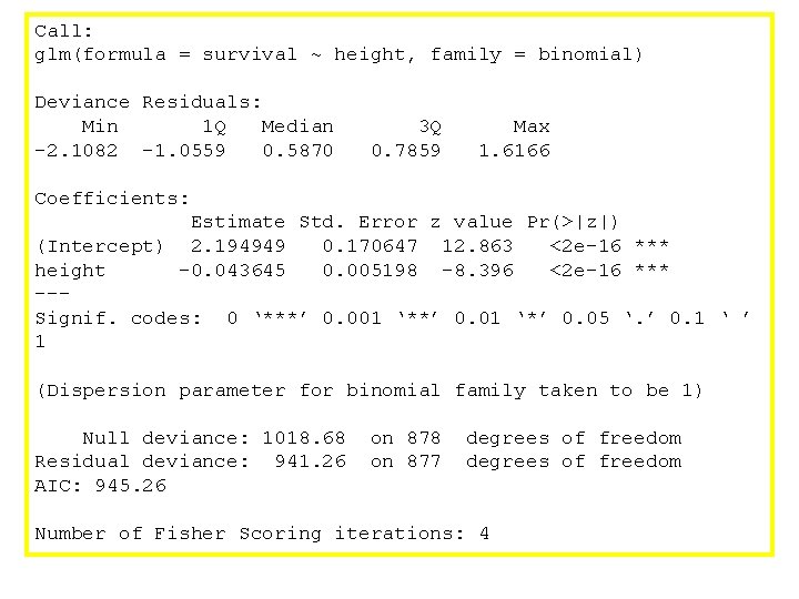 Call: glm(formula = survival ~ height, family = binomial) Deviance Residuals: Min 1 Q