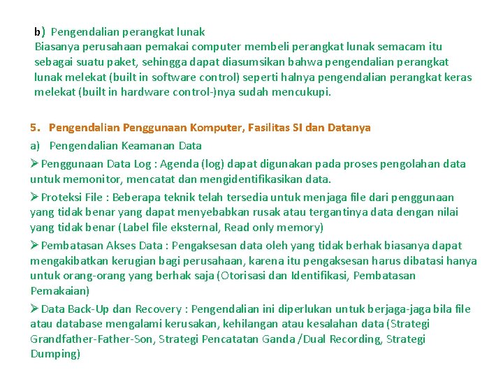 b) Pengendalian perangkat lunak Biasanya perusahaan pemakai computer membeli perangkat lunak semacam itu sebagai