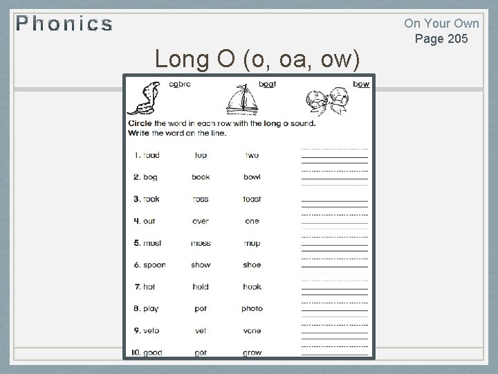 Long O (o, oa, ow) On Your Own Page 205 