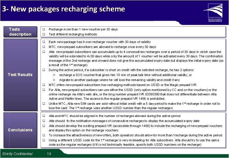 3 - New packages recharging scheme Tests description q q Recharge more than 1 3 - New packages recharging scheme Tests description q q Recharge more than 1