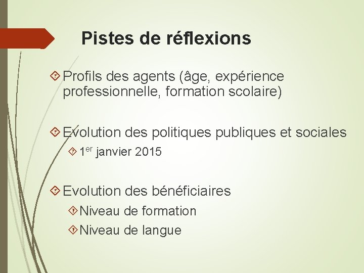 Pistes de réflexions Profils des agents (âge, expérience professionnelle, formation scolaire) Evolution des politiques