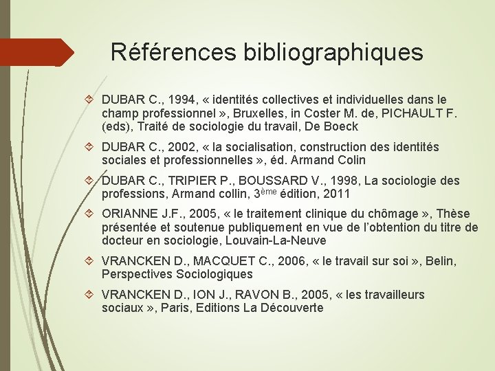 Références bibliographiques DUBAR C. , 1994, « identités collectives et individuelles dans le champ
