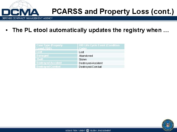 PCARSS and Property Loss (cont. ) • The PL etool automatically updates the registry