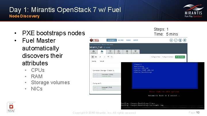 Day 1: Mirantis Open. Stack 7 w/ Fuel Node Discovery • PXE bootstraps nodes