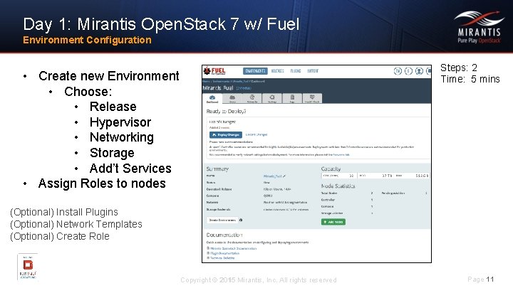 Day 1: Mirantis Open. Stack 7 w/ Fuel Environment Configuration Steps: 2 Time: 5