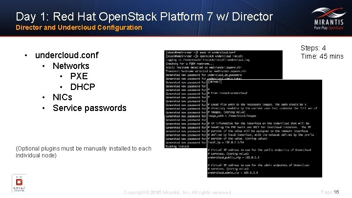 Day 1: Red Hat Open. Stack Platform 7 w/ Director and Undercloud Configuration •