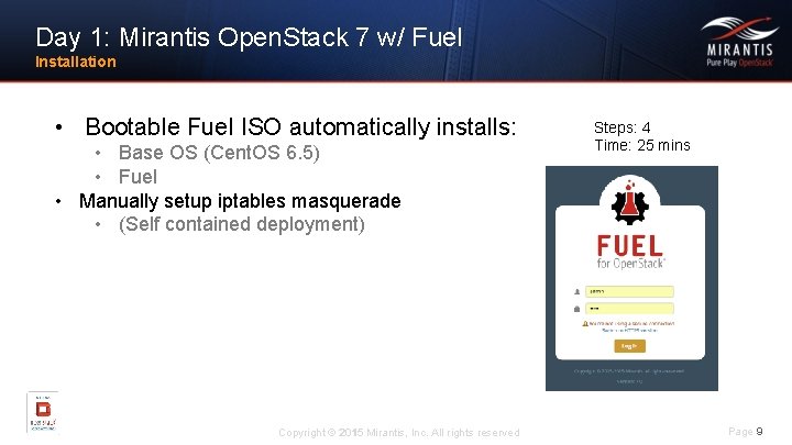 Day 1: Mirantis Open. Stack 7 w/ Fuel Installation • Bootable Fuel ISO automatically