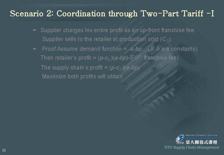 Scenario 2: Coordination through Two-Part Tariff -I ► Supplier charges his entire profit as
