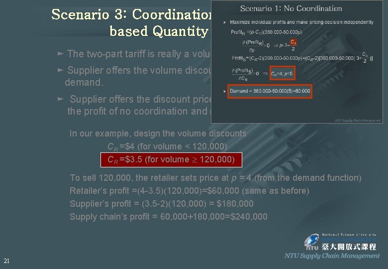 Scenario 3: Coordination through Volumebased Quantity Discounts ► The two-part tariff is really a