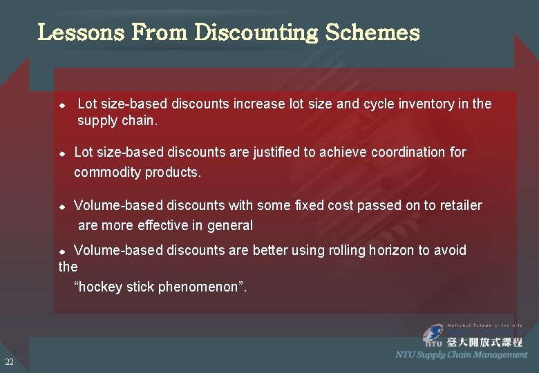 Lessons From Discounting Schemes u u u Lot size-based discounts increase lot size and