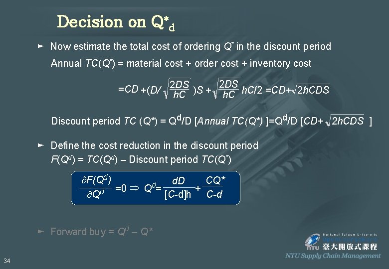 Decision on Q*d ► Now estimate the total cost of ordering Q* in the