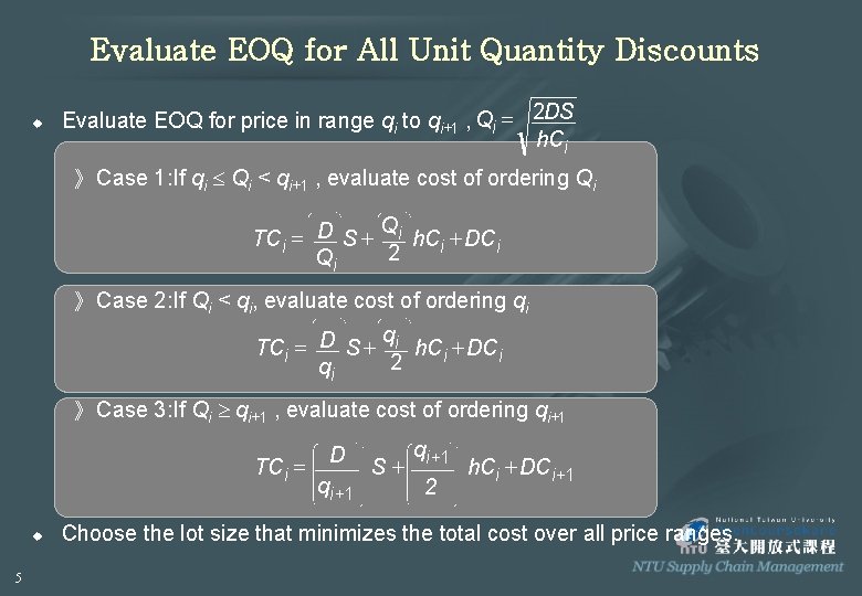 Evaluate EOQ for All Unit Quantity Discounts u Evaluate EOQ for price in range