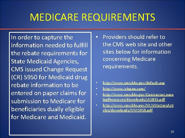 MEDICARE REQUIREMENTS In order to capture the information needed to fulfill the rebate requirements