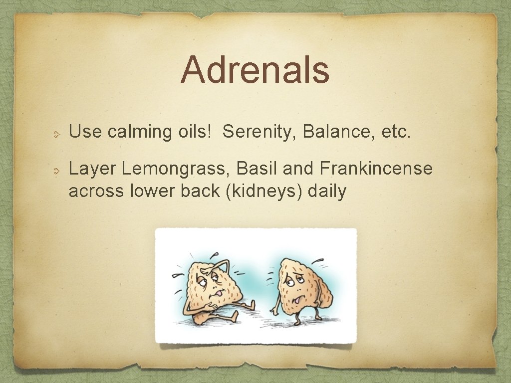 Adrenals Use calming oils! Serenity, Balance, etc. Layer Lemongrass, Basil and Frankincense across lower