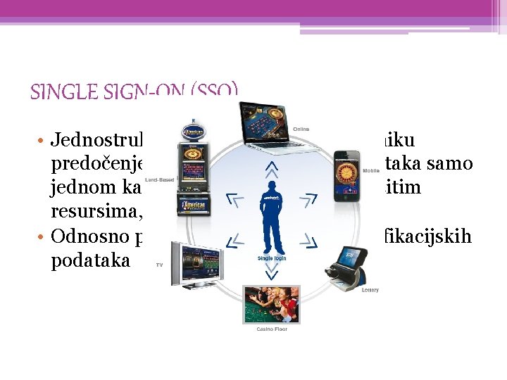 SINGLE SIGN-ON (SSO) • Jednostruka prijava omogućava korisniku predočenje svojih akreditacijskih podataka samo jednom