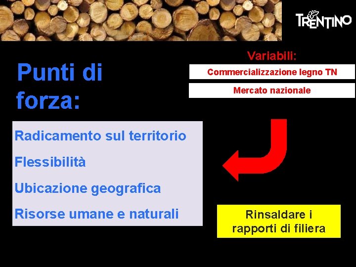 Punti di forza: Variabili: Commercializzazione legno TN Mercato nazionale Radicamento sul territorio Flessibilità Ubicazione Punti di forza: Variabili: Commercializzazione legno TN Mercato nazionale Radicamento sul territorio Flessibilità Ubicazione