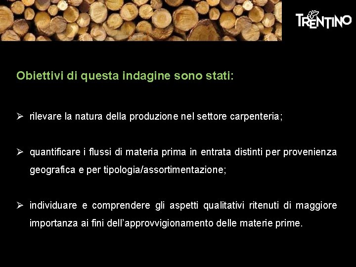 Obiettivi di questa indagine sono stati: Ø rilevare la natura della produzione nel settore Obiettivi di questa indagine sono stati: Ø rilevare la natura della produzione nel settore