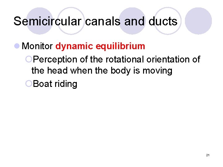 Semicircular canals and ducts l Monitor dynamic equilibrium ¡Perception of the rotational orientation of