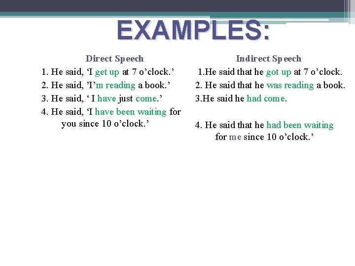 EXAMPLES: Direct Speech 1. He said, ‘I get up at 7 o’clock. ’ 2.