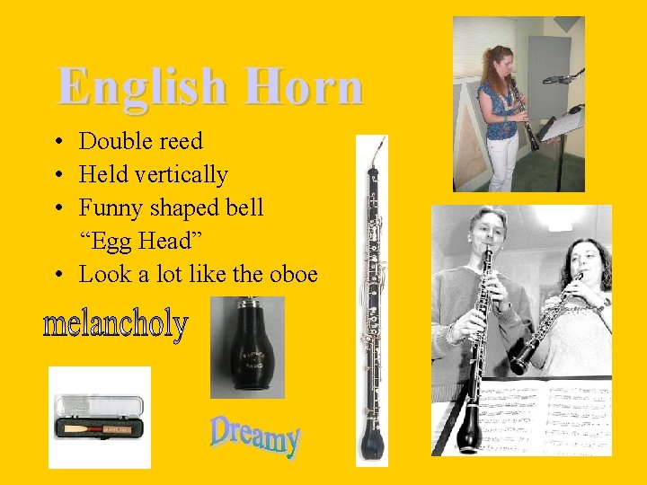 English Horn • Double reed • Held vertically • Funny shaped bell “Egg Head”