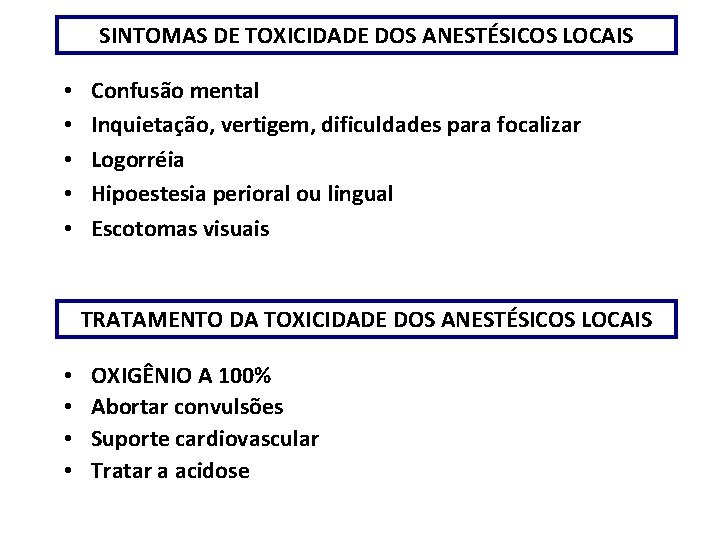 SINTOMAS DE TOXICIDADE DOS ANESTÉSICOS LOCAIS • • • Confusão mental Inquietação, vertigem, dificuldades