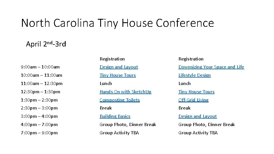 North Carolina Tiny House Conference April 2 nd-3 rd Registration 9: 00 am –