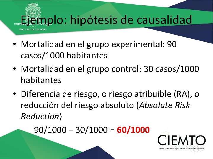 Ejemplo: hipótesis de causalidad • Mortalidad en el grupo experimental: 90 casos/1000 habitantes •