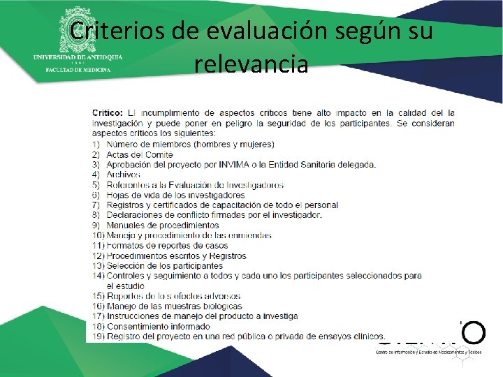 Criterios de evaluación según su relevancia 