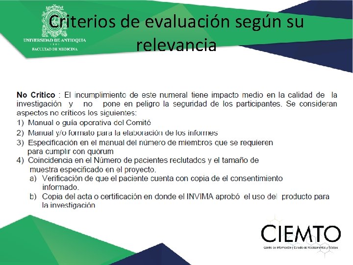 Criterios de evaluación según su relevancia 