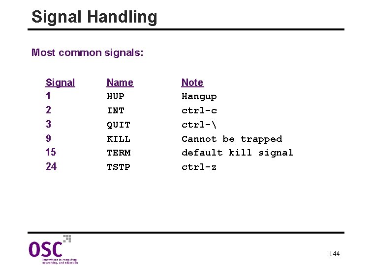 Signal Handling Most common signals: Signal 1 2 3 9 15 24 Name HUP