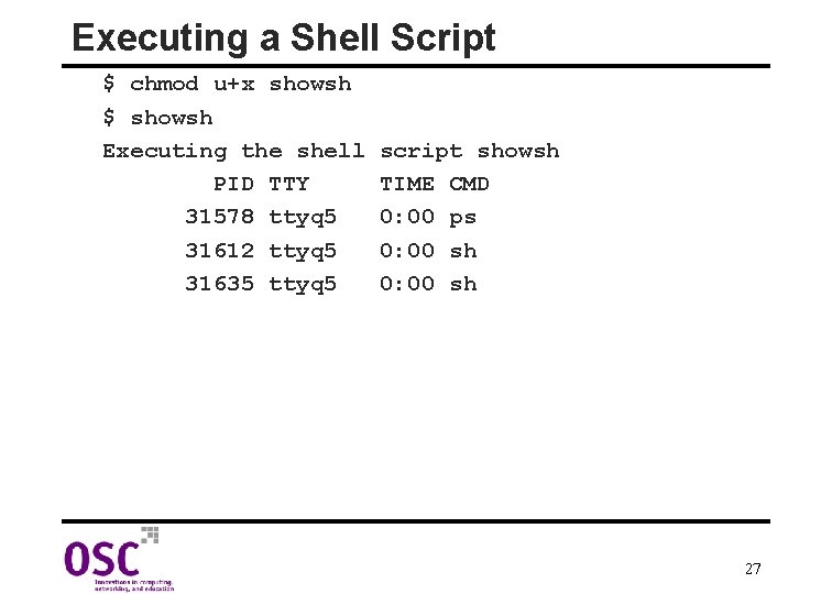 Executing a Shell Script $ chmod u+x showsh $ showsh Executing the shell PID