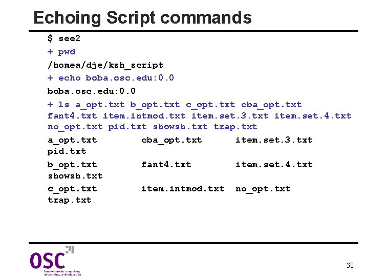 Echoing Script commands $ see 2 + pwd /homea/dje/ksh_script + echo boba. osc. edu: