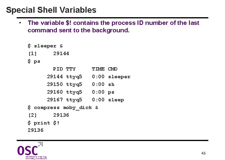 Special Shell Variables • The variable $! contains the process ID number of the