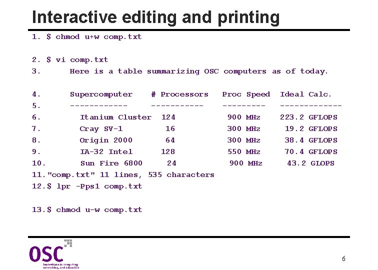 Interactive editing and printing 1. $ chmod u+w comp. txt 2. $ vi comp.