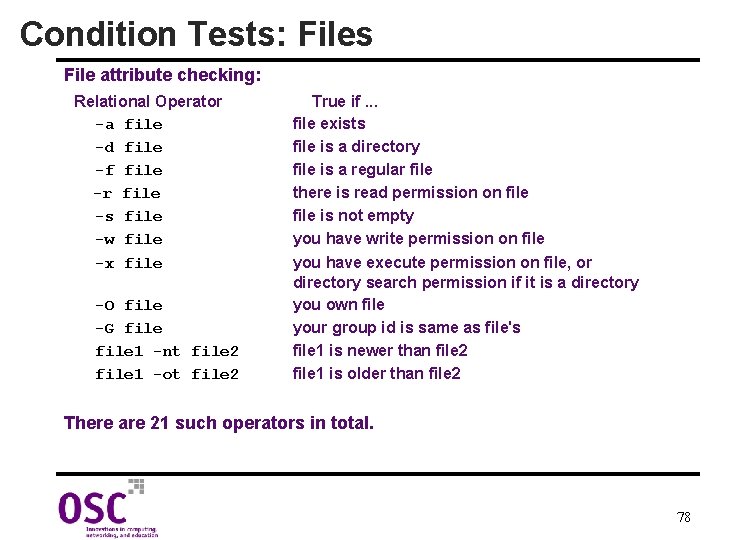Condition Tests: Files File attribute checking: Relational Operator -a file -d file -f file