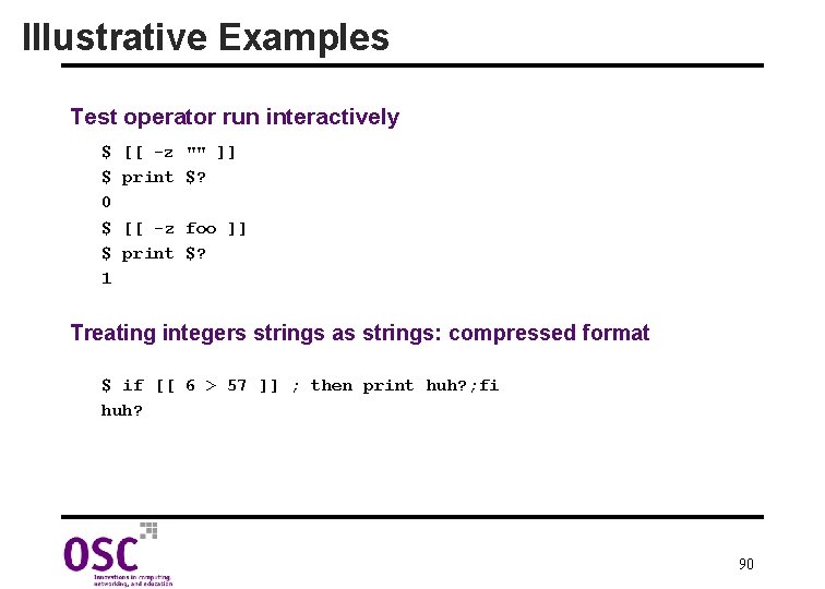 Illustrative Examples Test operator run interactively $ $ 0 $ $ 1 [[ -z