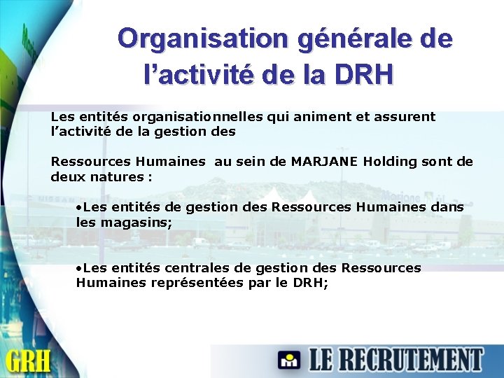  Organisation générale de l’activité de la DRH Les entités organisationnelles qui animent et