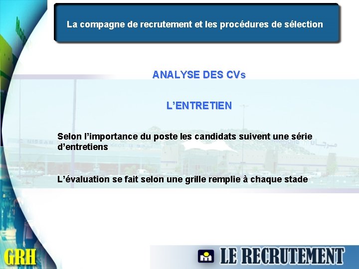 La compagne de recrutement et les procédures de sélection ANALYSE DES CVs L’ENTRETIEN Selon