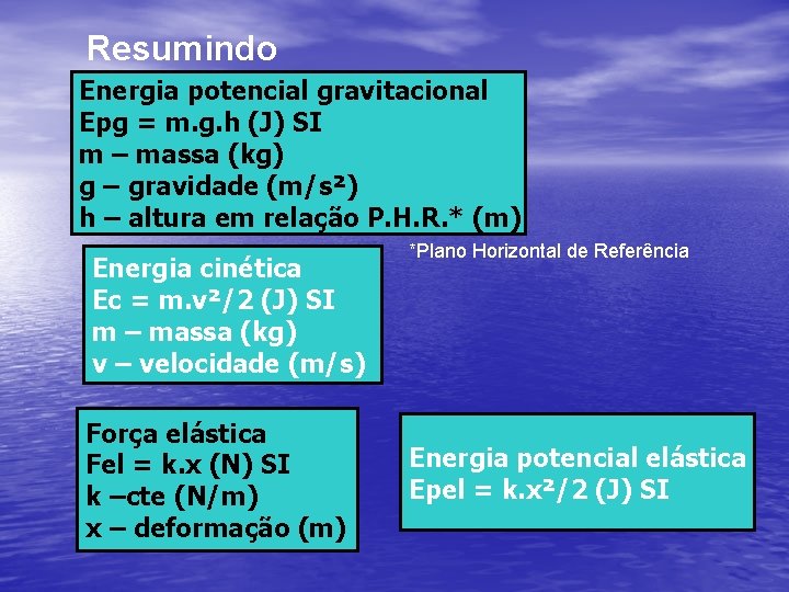 Resumindo Energia potencial gravitacional Epg = m. g. h (J) SI m – massa