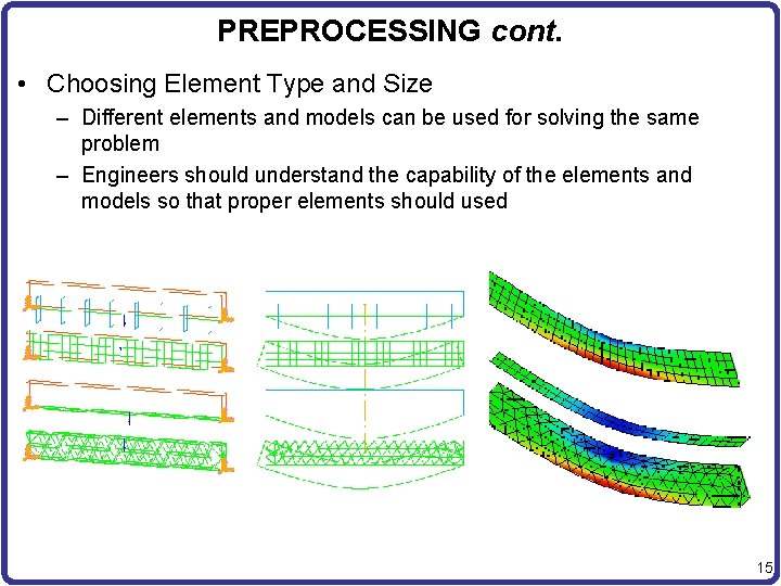 PREPROCESSING cont. • Choosing Element Type and Size – Different elements and models can