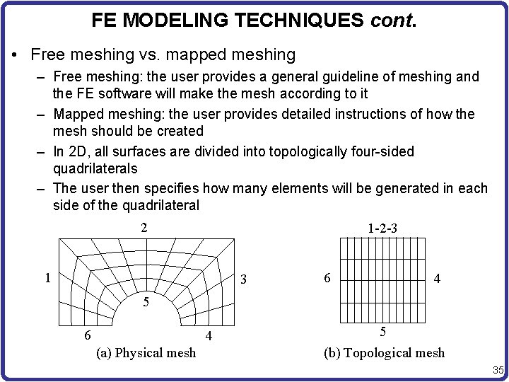 FE MODELING TECHNIQUES cont. • Free meshing vs. mapped meshing – Free meshing: the