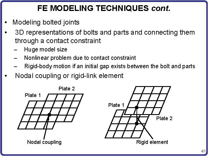 FE MODELING TECHNIQUES cont. • Modeling bolted joints • 3 D representations of bolts