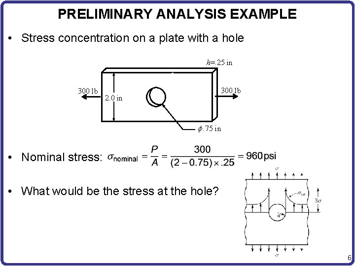 PRELIMINARY ANALYSIS EXAMPLE • Stress concentration on a plate with a hole h=. 25