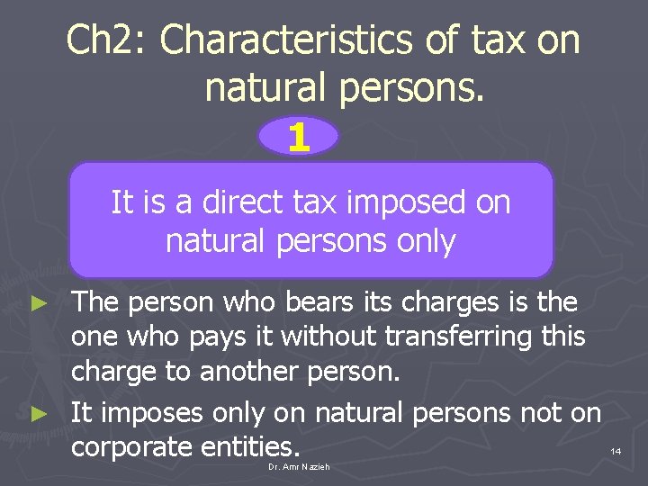 Ch 2: Characteristics of tax on natural persons. 1 It is a direct tax