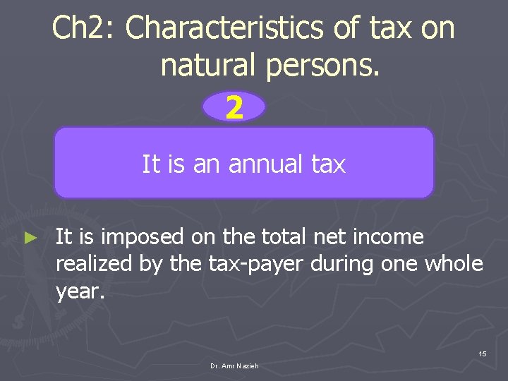 Ch 2: Characteristics of tax on natural persons. 2 It is an annual tax