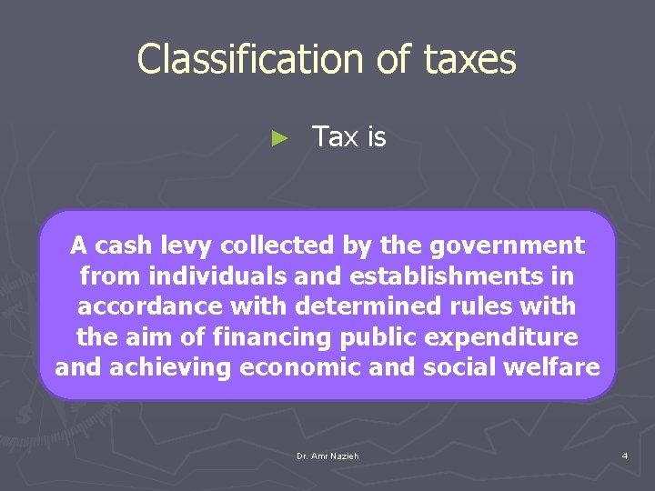 Classification of taxes ► Tax is A cash levy collected by the government from
