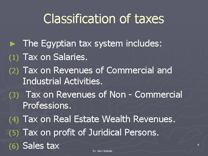 Classification of taxes ► (1) (2) (3) (4) (5) (6) The Egyptian tax system